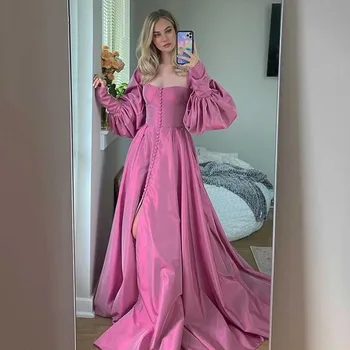 2023 Елегантни Розови Рокли за абитуриентски бал с буйни дълги ръкави от Тафта, секси Вечерни рокли с цепка отстрани копчета, вечерни рокли