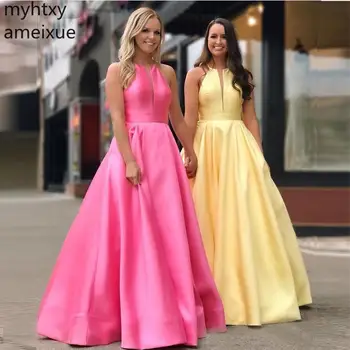 2023 Розови и жълти Сатенени Дълги Рокли за абитуриентски бал на поръчка, вечерни рокли Трапецовидна форма с дълбоко кръгло деколте, Празнична рокля за специални случаи