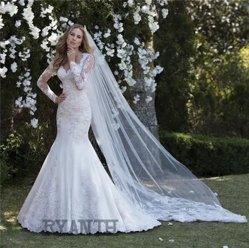 2023 Сватбена рокля Lucry Pearls Секси Дантелено сватбена рокля на Русалка с дълъг ръкав на поръчка премяна