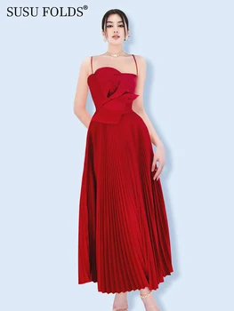 SUSU, однотонное вечерна рокля за спагети презрамки с 3D цветя, плиссированное Елегантна вечерна рокля Миди с висока талия, Ново лято 2023 СУ-A869
