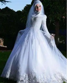 Бели Мюсюлмански Дантелени апликации, Сватбени рокли Vestido Noiva, стрелка с форма на Струята, Високо Деколте, Дълги Ръкави, Сватбени Рокли