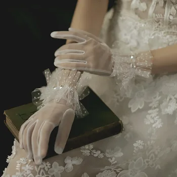 Дамски тюлевые ръкавици с къдри на пръстите на краката, Елегантни къси летни ръкавици за сватбата са поканени вечери