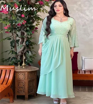 Дубайское Мятно-зелена Вечерна рокля С ръкави, Елегантни бродирани с мъниста Макси-шифоновые Арабски рокли за абитуриентски бал, Красива жена вечерна рокля за вечеря