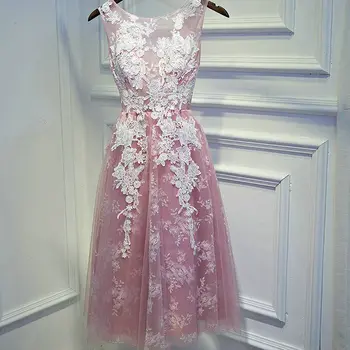 Елегантна ярко-розова къса рокля за абитуриентски бал 2023, Трапециевидное, с кружевными апликации от тюл с дължина до коляното, Евтино Секси вечерна рокля