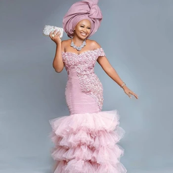 Елегантни Работа-розови рокли за абитуриентски бал в стил Aso Ebi, Африканските секси вечерна рокля Русалка с открити рамене, дълги вечерни рокли с 3D цветя