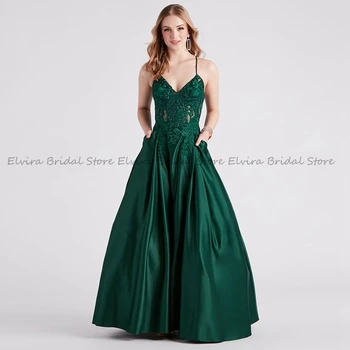 Класически тъмно зелени Вечерни рокли Трапецовидна форма за жени от сатен аппликацией, Пайети, V-образно деколте, в спагети презрамки-спагети, дължина до пода 2023