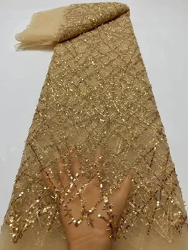 Луксозна Африканска Лейси плат с тежки мъниста 2023, Високо Качество, на 5 Ярда, Нигерийски пайети, френски тюл, текстилен материал за сватбени партита