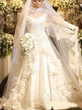 Луксозни дантелени апликации, кристали, Сватбени рокли Трапецовидна форма Robe De Mariée 2023, Подредени сватбени рокли от тюл с дълъг ръкав