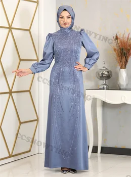 Луксозни Мюсюлмански вечерни рокли с аппликацией от мъниста, ислямски вечерни рокли с дълъг ръкав, Женски арабски халати за баня с високо воротом, Вечерни рокли