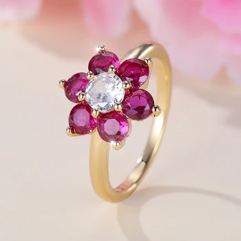 Луксозно ярко розово пръстен с цвете за жени, 18-Каратово Злато пръстен с кубическим цирконием за Младоженци, Пръстени за сватбени партита, Дамски бижута и аксесоари