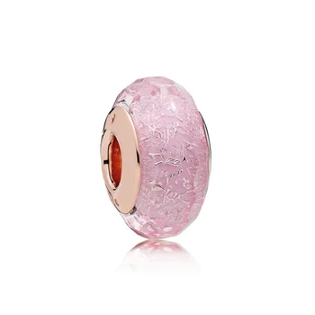 Неподправена топчета от сребро 925 проба с розов цвят, проблясващи чар от муранско стъкло, Подходящ за жените на Pandora Гривна Подарък направи си САМ Бижута