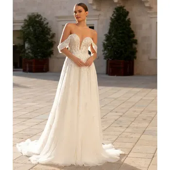 Пенливи Сватбена рокля Трапецовидна форма 2024 Сватбена рокля на Принцеса С пайети За Официалното парти с открити рамене и бялата Пуговицей на гърба
