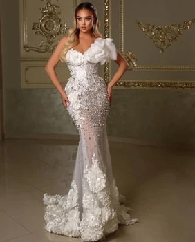 Прекрасна сватбена рокля на Русалка Перли ръчна изработка на 3D Цветни мъниста Сватбена рокля без презрамки на поръчка Vestido De Новия