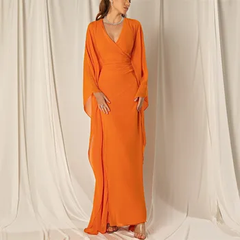 Прости шифоновые вечерни рокли Happy Custom с V-образно деколте, Оранжеви Рокли Mermai дължина до щиколоток и дълги ръкави за бала за жени