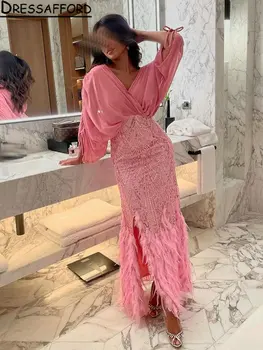 Розова вечерна рокля Русалка с V-образно деколте и пайети от Дубай, пера с дълъг ръкав, Саудовское Арабското вечерна рокля