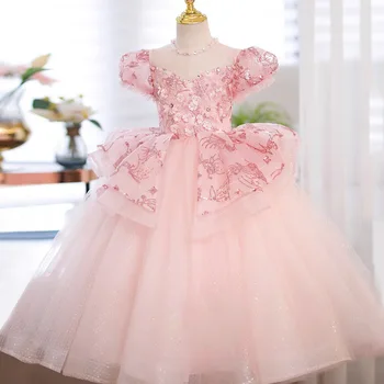 Розова Принцеса рокля с цветя модел за момичета, Детски сватбени рокли за Коледно парти, Дантелени рокли, Елегантен костюм за изяви от Органза, Детско рокля за бала