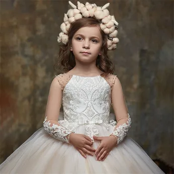 Рокля с цветя модел за момичета, Буйна тюлевая лейси апликация, зона с лък, Сватбена Елегантна рокля на цветчета за Първи Евхаристического рожден Ден на детето