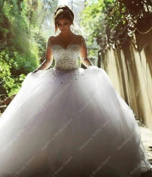 Сватбени ефирни бални рокли с големи кристали и дълъг ръкав на Сватбена рокля Vestido De Noiva 2023