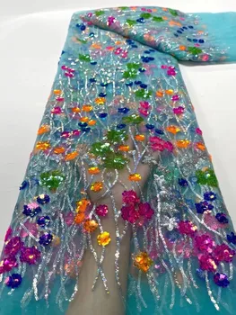 Синя Висококачествена Нигерийская Африканска лейси плат с пайети, бродерия, френската дантела за шиене на сватбена рокля в нигерия стил, 5 ярда