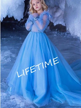 Синя Елегантна рокля с цветя модел за момичета, Детски апликации за рожден Ден, Дълъг ръкав Принцеса, дължина до пода, Придворен Струята, Тюлевое Сватбена Вечерна рокля