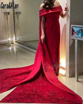 Скромни червени Вечерни рокли С влак, Аппликацией, отворени рамене, Вечерни рокли за абитуриентски бал, Арабско Сватбена рокля за гости в Дубай За жени