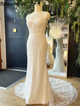Снимка на Квадратен яка, сватбени рокли на русалка, без ръкави, 3D апликация, дантелени сватбени рокли в стил бохо