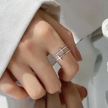 Сребърен Цвят, Двоен Кръст, Мигащи Циркон, Открити Пръстени за Жени, Студент на Корейското пръстен върху Показалеца си, 2022, Модни Бижута, подарък